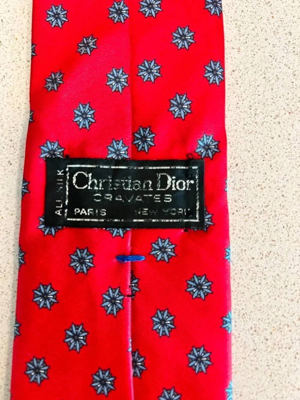 Christian Dior Monsieur Red Silk Tie Blue Floral Medallion Pattern54”x3” France.